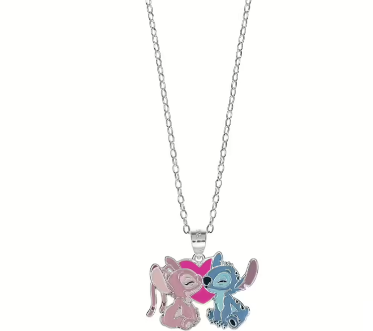 Collana bambina bambino doppio STITCH blu e rosa cuore in argento 925 originale DISNEY