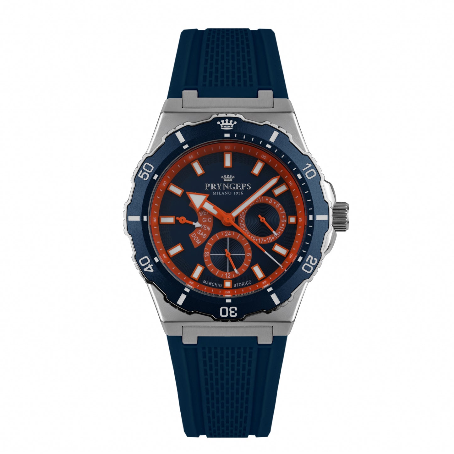 Orologio uomo in gomma blu quadrante arancione modello JAMAICA PRYNGEPS marchio storico