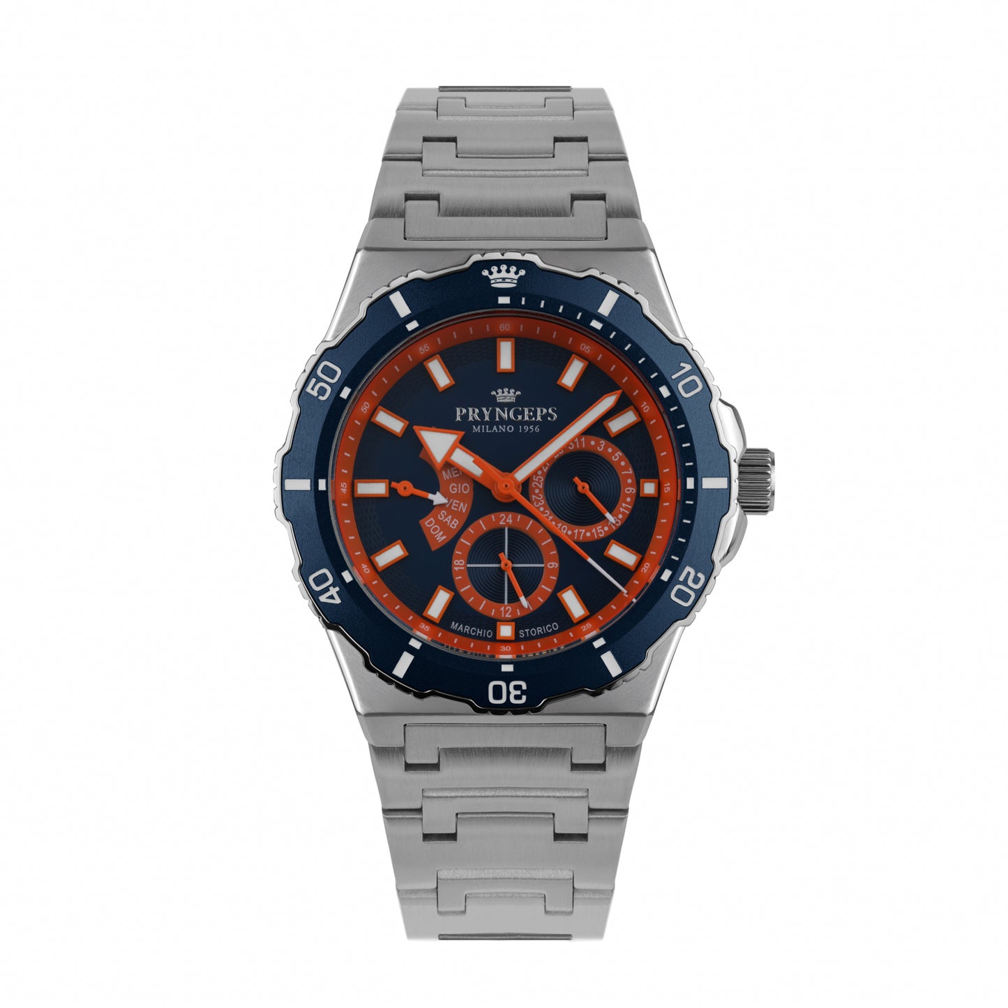 Orologio uomo in acciaio quadrante blu e arancione modello JAMAICA PRYNGEPS marchio storico