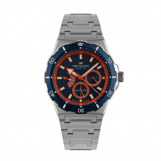 Orologio uomo in acciaio quadrante blu e arancione modello JAMAICA PRYNGEPS marchio storico