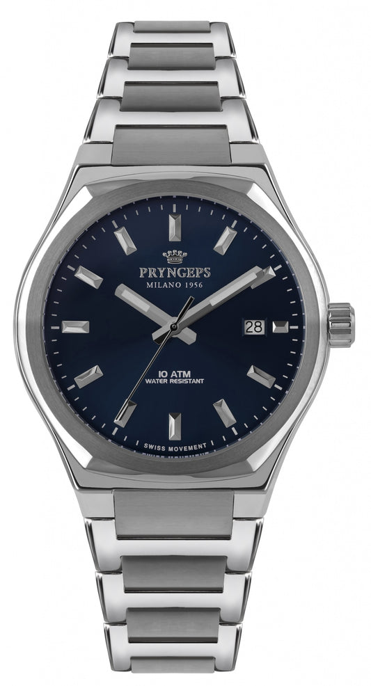 Orologio uomo in acciaio elegante quadrante blu modello Wall Street di PRYNGEPS marchio storico