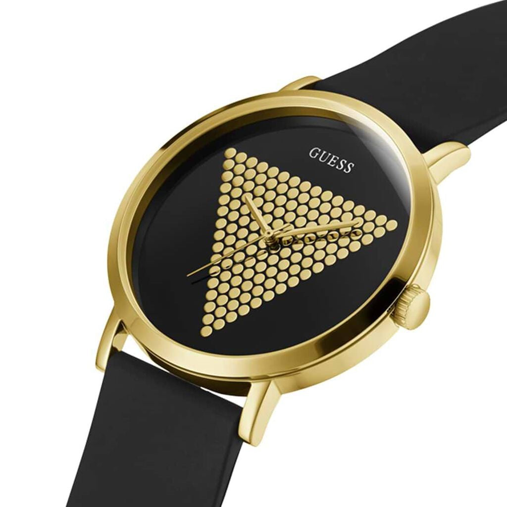 Orologio uomo in gomma silicone nero cassa color oro triangolo logo GUESS lucido
