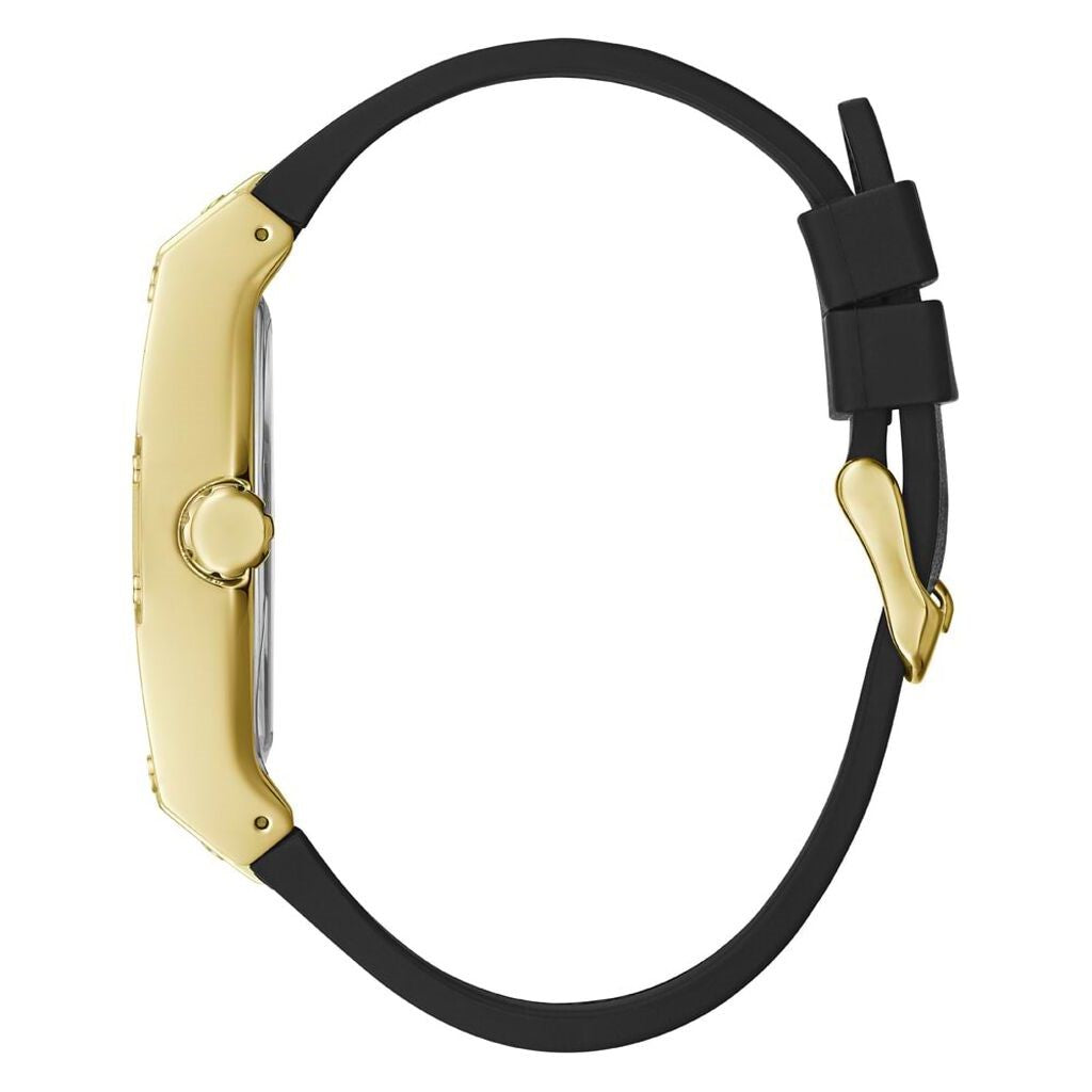 Orologio uomo in pelle nera morbida cassa rettangolare dorata GUESS