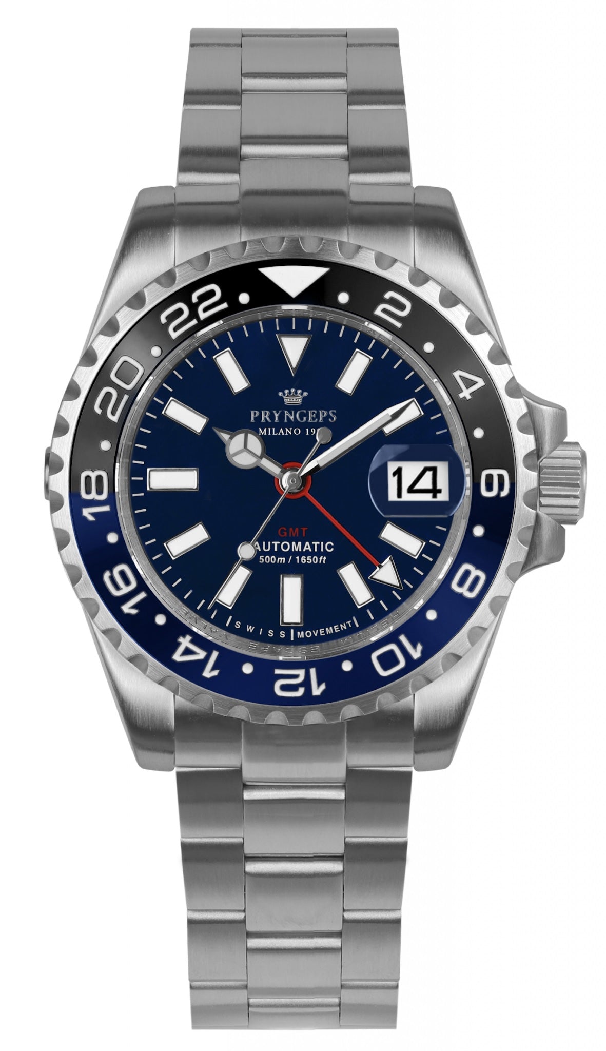 Orologio uomo in acciaio automatico GMT con quadrante blu PRYNGEPS marchio storico