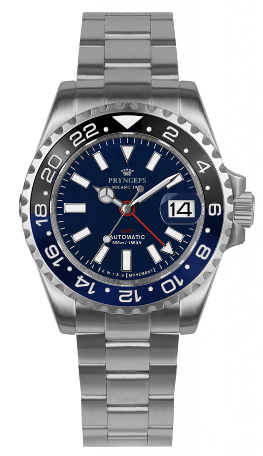 Orologio uomo in acciaio automatico GMT con quadrante blu PRYNGEPS marchio storico