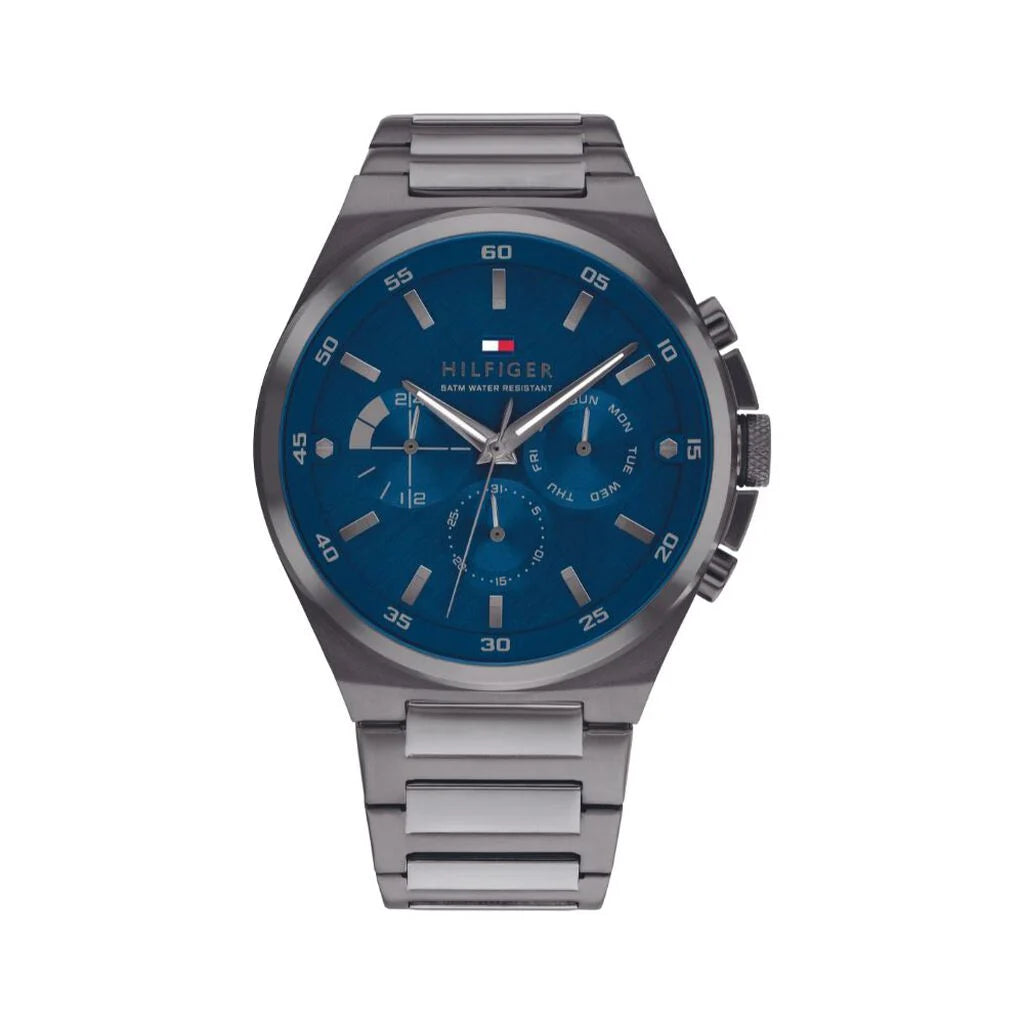 Orologio uomo Tommy Hilfiger grigio antracite e blu multifunzione in acciaio fino a 50 metri in acqua